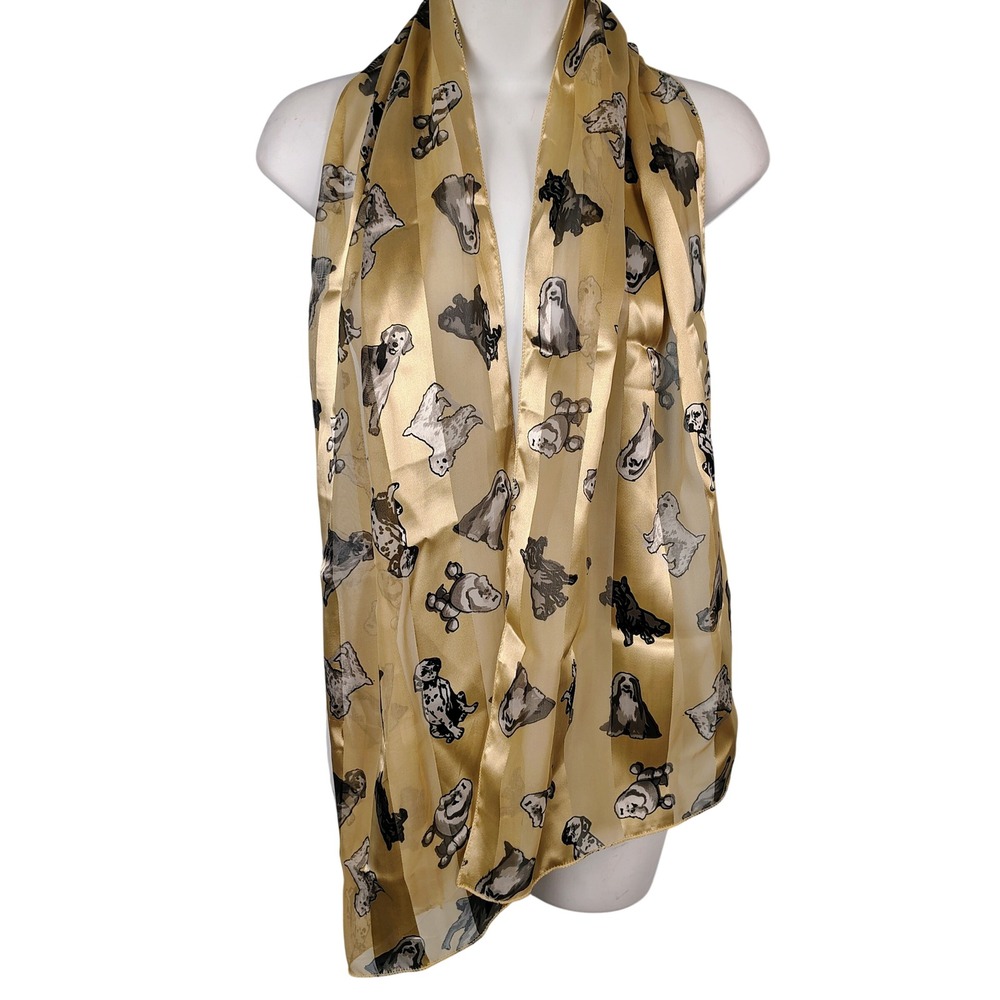 Womens OS Dog Breed Print Scarf Gold Silk Feel Novelty Dogcore Whimsical